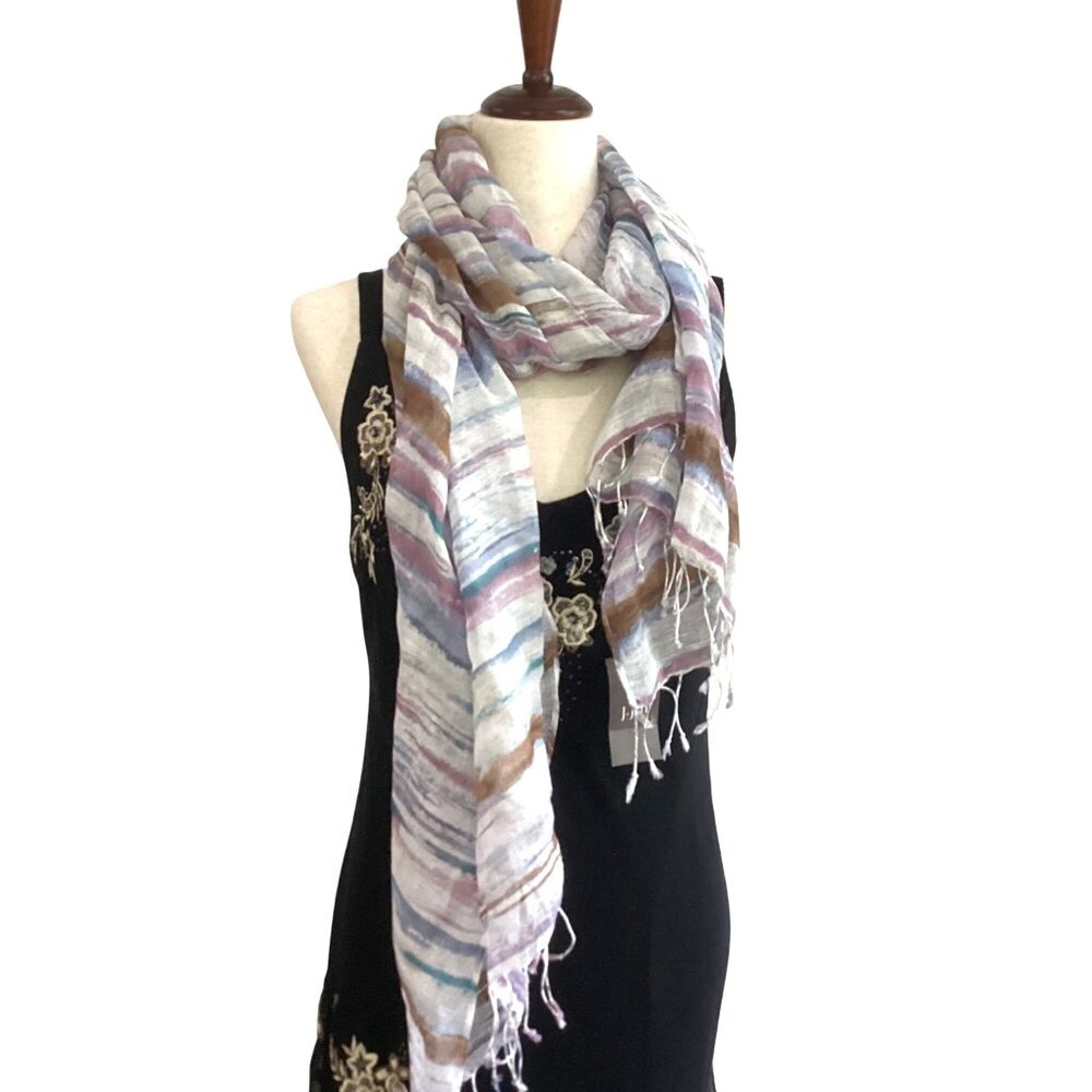 NWT J. Jill Pure Jill Cotton & Linen Striped Scarf With Fringe Details
